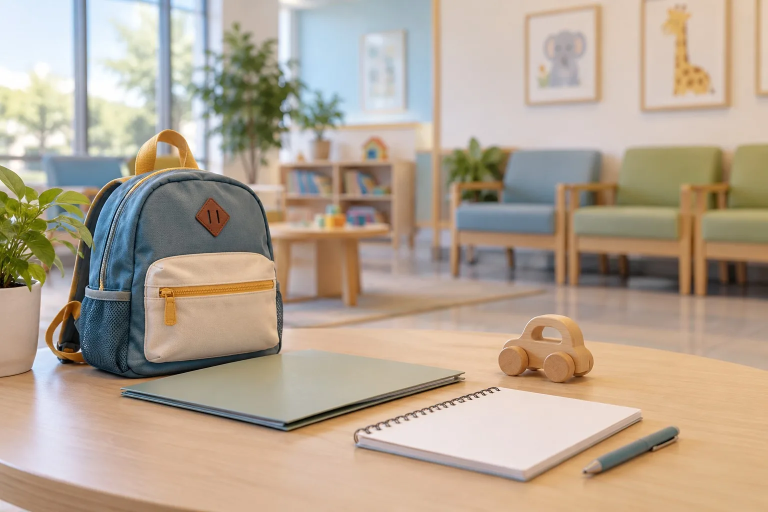Kinderrucksack, Dokumentenmappe, Notizblock und Holzauto vor einem Wartebereich.